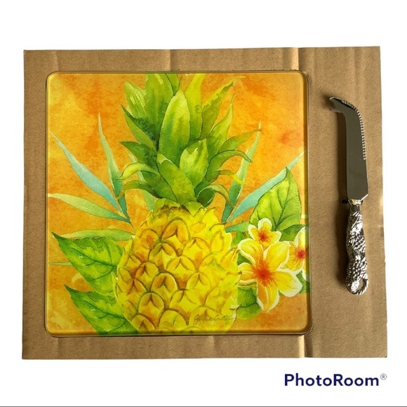 Pineapple Tropical Glass Cheese Board and Cheese Knife Set NEW CounterArt - Picture 4 of 7